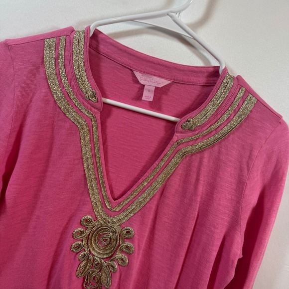 Lilly Pulitzer Tops - Lilly Pulitzer Pink Cotton Gold Soutache Embroidery Tunic Top Long Sleeve Small